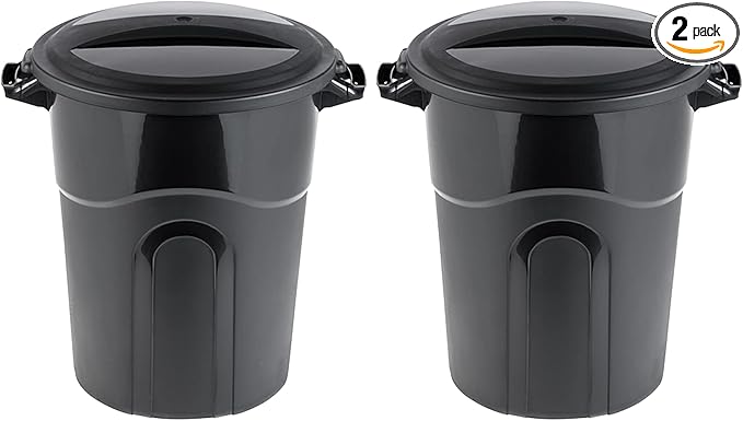 United Solution 20 Gallon Round Waste Container, Black, Easy to Carry Garbage Can with Sturdy Construction, Pass-Through Handles & Attachable Click Lock Lid, Indoor or Outdoor Use, 2-Pack, (TI0087)