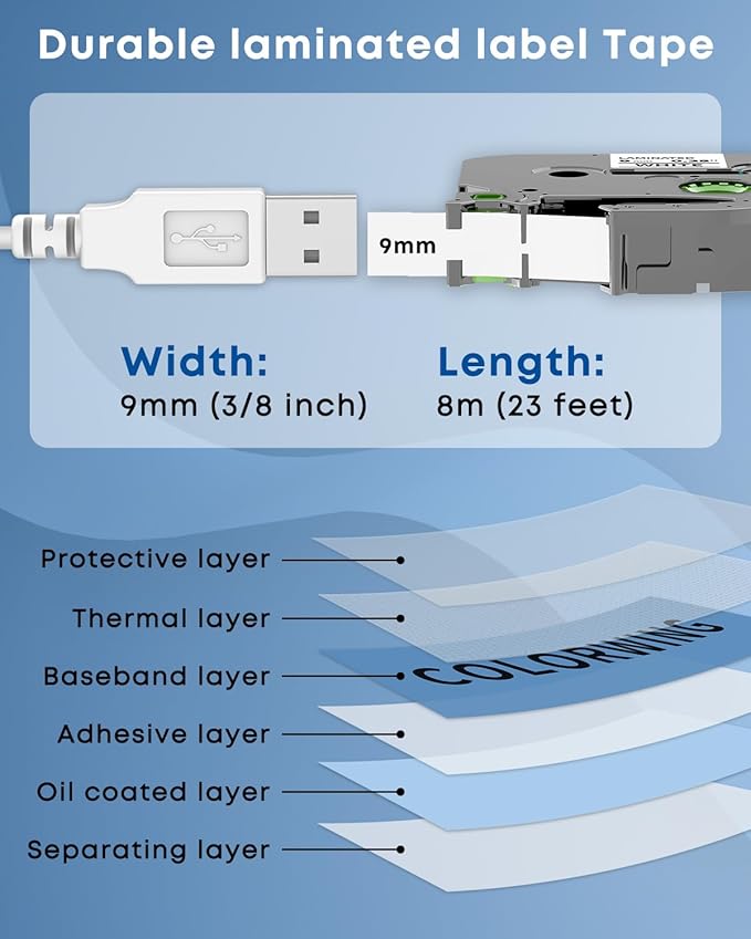 COLORWING TZe-221 9mm 0.35" Laminated White Replace for Brother P Touch Label Tape 3/8" TZe221 for Brother Ptouch PT-D210 D220 H110 H103W D410 D600 PT1890 Label Maker Tape, 5-Pack