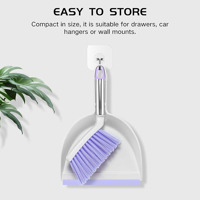 NACENA Mini Broom and Dustpan Set, Small Dust Pan and Brush Set with Handle Dustpan Teeth for Cleaning Hair Suitable for Office Desks Drawers Sofas Outdoor Camping, Light & Purple