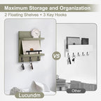 Lucundm Key Holder Wall Mount, Mail Shelf Decor with 3 Key Hooks, Versatile Wood Wall Organizer for Entryway Hallway (8.2” x 10.6”x 3.6”) (Sage Green)