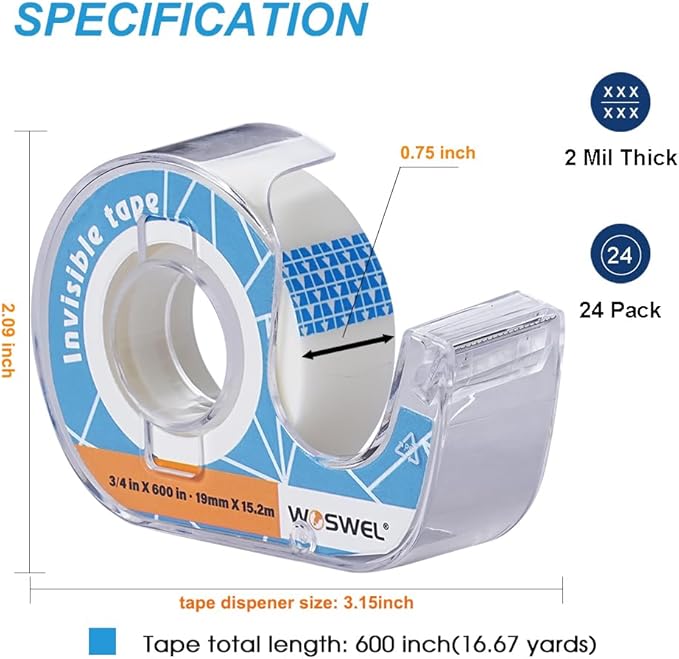 WOSWEL Tape Refills with Dispenser, 24 Roll Invisible Tapes, 3/4 Inch X 600 in, Gift Wrapping Tapes Supplier for Valentine's Day Home School Office Use