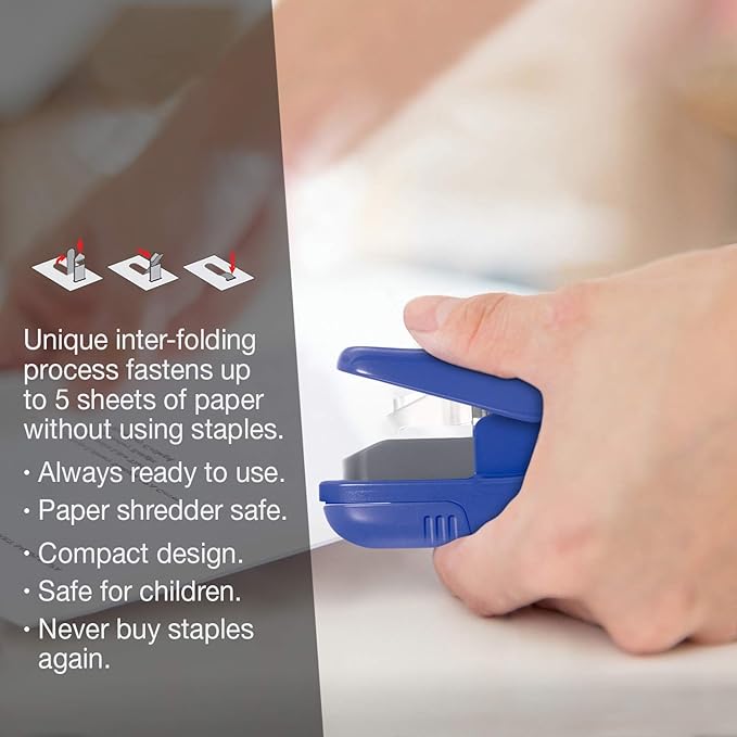 Plus Paper Clinch Compact Staple-Free Stapler, Blue