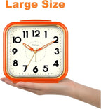 Tinload 5.5" Large Analog Alarm Clock • Silent Non Ticking • Gentle Wake • Beep Sounds • Increasing Volume • Battery Operated Snooze and Manual Light • Retro Orange