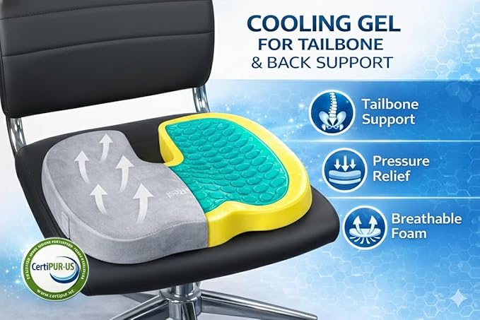 LuminaRest® Gel Enhanced Seat Cushion for Long Sitting | Premium CertiPUR-US® Certified Memory Foam | Non-Flattening Office Chair Cushion for Tailbone Pain Relief, Sciatica & Back Support (Gray)