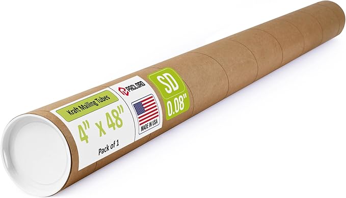 4" x 48" Reinforced Kraft Paper Mailing Tube, Pack of 1 Tube with 2 Caps – Secure USPS Approved Poster Tube – Made in USA Cardboard Tube for Shipping and Storing Posters, Prints, Artwork, or Documents