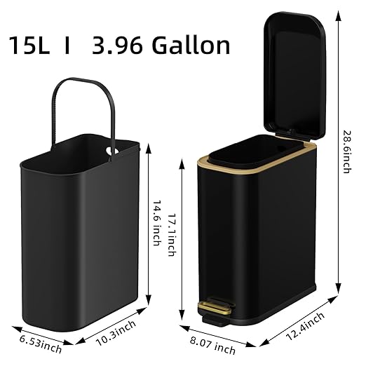 KdbK Bathroom Trash Can with Soft Close Lid, 15L/ 4 GallonRectangular Trash Can with Removable Wastebasket, Step Pedal, Slim Wastebasket for Bedroom, Home Office,B