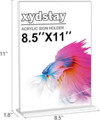 xydstay 8.5 x 11 Acrylic Sign Holder 2 Pack, Vertical T Shape Clear Plastic Menu Holder, Unbreakable Table Sign Holder for Restaurant, Office, School, Store and Home Use