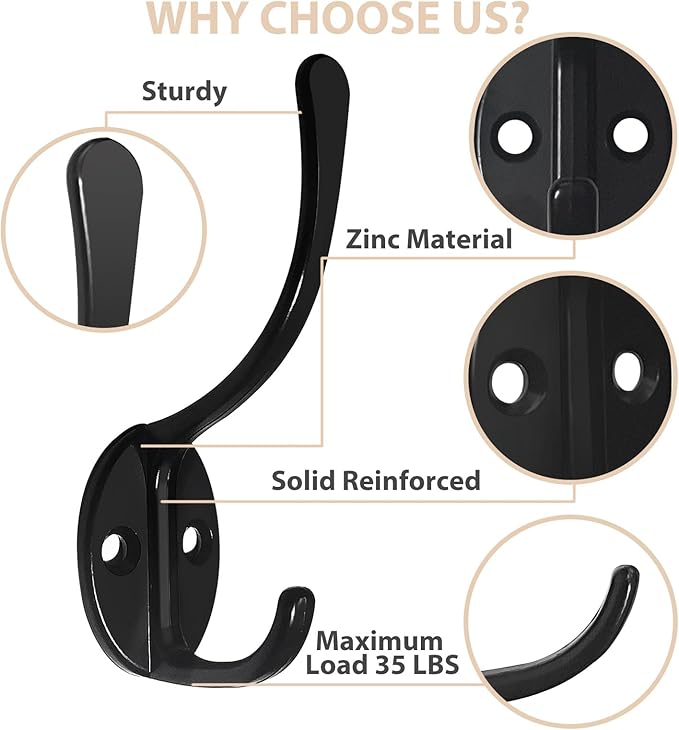 Homanu 14 Pack Coat Hooks Wall Mounted with 28 Screws, Heavy Duty Black Towel Hooks Metal Double Hooks, No Rust Retro Rustic Wall Hooks for Hanging Towel, Coat, Scarf, Bag, Hat, Cup, Key