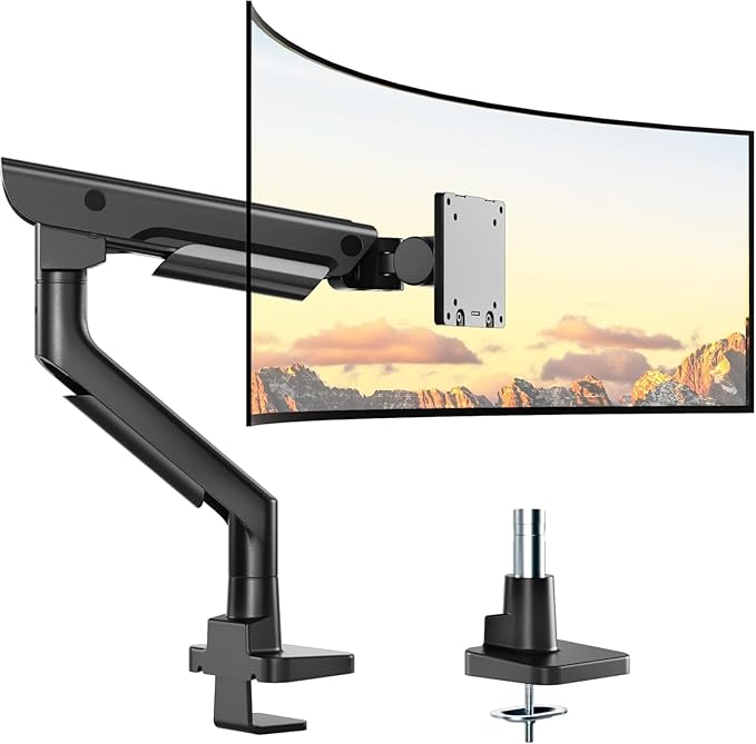 monTEK Sleek Aluminum Monitor Arm for 17–57” Ultrawide Screens up to 59.4 lbs, Heavy Duty Single Monitor Arm Desk Mount, Pneumatic Lift, Quick-Release Plate, Clamp/Grommet, Max VESA 100x100