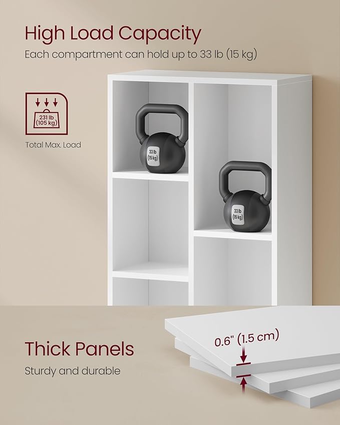 VASAGLE Bookcase, Bookshelf with 7 Compartments, Freestanding Shelves and Cube Organizer, for Display in Living Room, Bedroom, and Home Office, Cloud White ULBC27WT