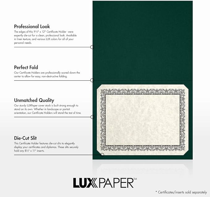 LUXPaper 9.5" x 12" Certificate Holders | Green Linen | 100lb. Cover | 25 Qty
