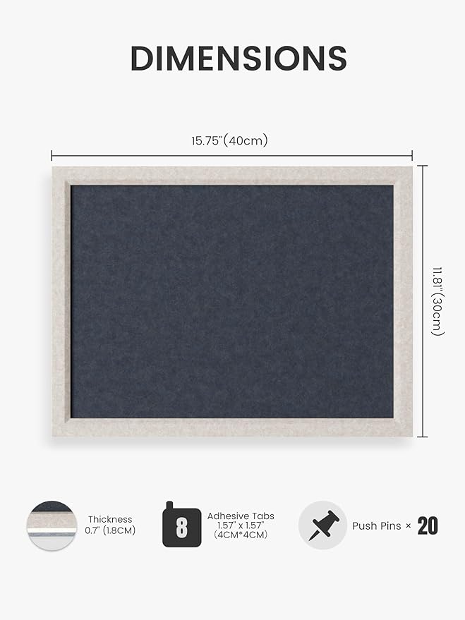 Fluxynara Felt Cork Board Alternative, Felt Bulletin Board 16" x 12" Oatmeal Frame with 8 Adhesive Tabs, Pin Board for Home Office, Classroom, Entryway, Kitchen Wall Decor—Navy Blue