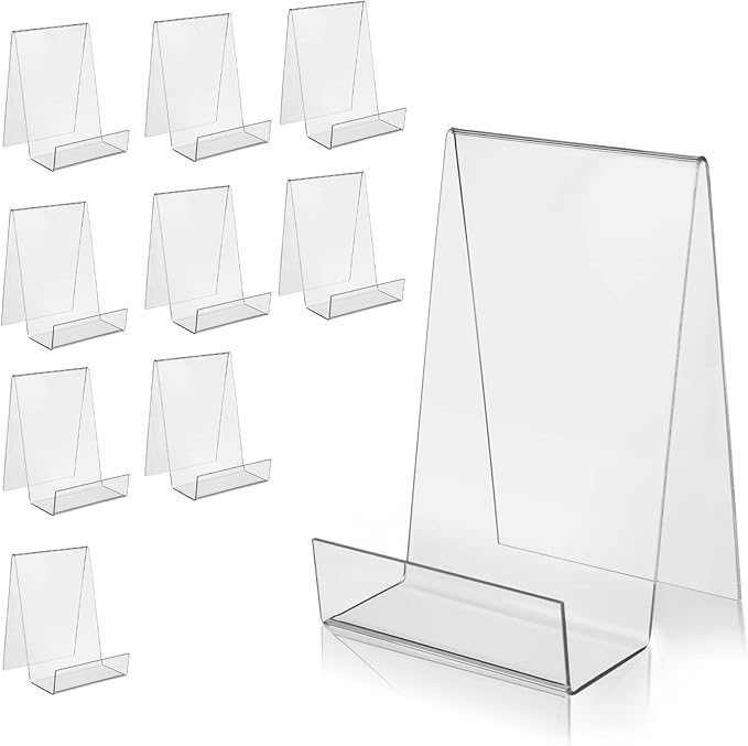 ZOEY Acrylic Book Stand with Ledge Clear Display Easels Plate - 10 Pack Book Holder Easel Stand for Books Display, Music Sheets, Artworks, CD, Tablet Holder (5Large+5Small)