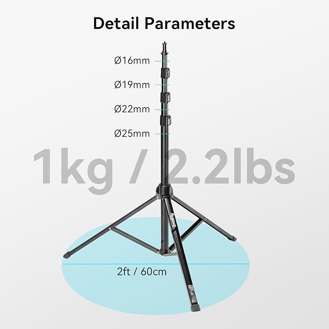 SMALLRIG RA-S200 Light Stand for Photography, 78.7" / 6.6ft / 200cm, Black, Aluminum Alloy, Supports up to 4kg, Compatible with Reflectors, Softboxes, Studio Lights, Umbrellas, Ring Light