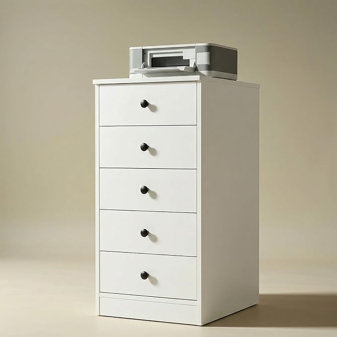 TUSY 5 Drawer File Cabinet - 31.5" H Wood Vertical Filings Chest Under Desk, Classic File Storage Cabinet for Home Office, Small Printer Stand with Drawers, 15.75" W x 19.69" D x 31.5" H, White