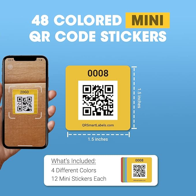SmartLabels | Small QR Code Stickers | Mini 1.5 x 1.5 inch QR Code Labels | Made in The USA | Multicolor Pack for Easy Inventory Management, Organization, and Packing Labels for Moving (Pack of 48)