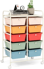 LDAILY 10 Drawer Rolling Cart, Storage Cart Organizer on Wheels, Drawer Cart with Metal Frame & Large Storage Capacity, Rolling Cart with Drawers for Living Room Classroom, Office