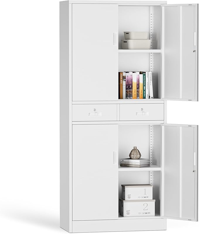 TaskStorz Metal Storage Cabinet with 2 Drawers 71" H,White Metal Garage Cabinets with 2 Lockable Doors and Adjustable Shelves Easy to Assemble for Home Office, Kitchen,Pantry,Garage,Warehouse