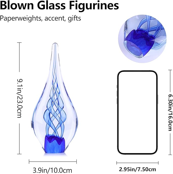 9" Tall Sculpture Hand Blown Glass Decor, Paperweight for Office Desk, Modern Glass Art Figurines Mediterranean Beach House Decor, Living Room Coffee Shelves Table Top Decoration (Swirl Blue)