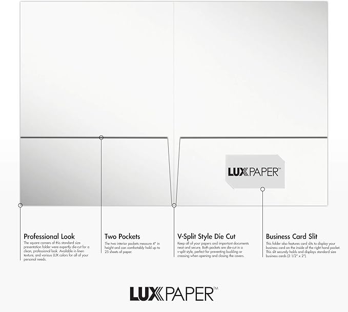 LUXPaper 9" x 12" Presentation Folders | Two Pocket | White Gloss | 14pt. Cover | 25 Qty
