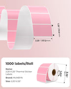 MUNBYN 2.25"x1.25" Thermal Sticker Labels, Pink Self-Adhesive Barcode Label Paper for Direct Thermal Printer and Business, Multi-Purpose Rectangle Address Shipping Mailing Stickers,1000 Sheets/Roll
