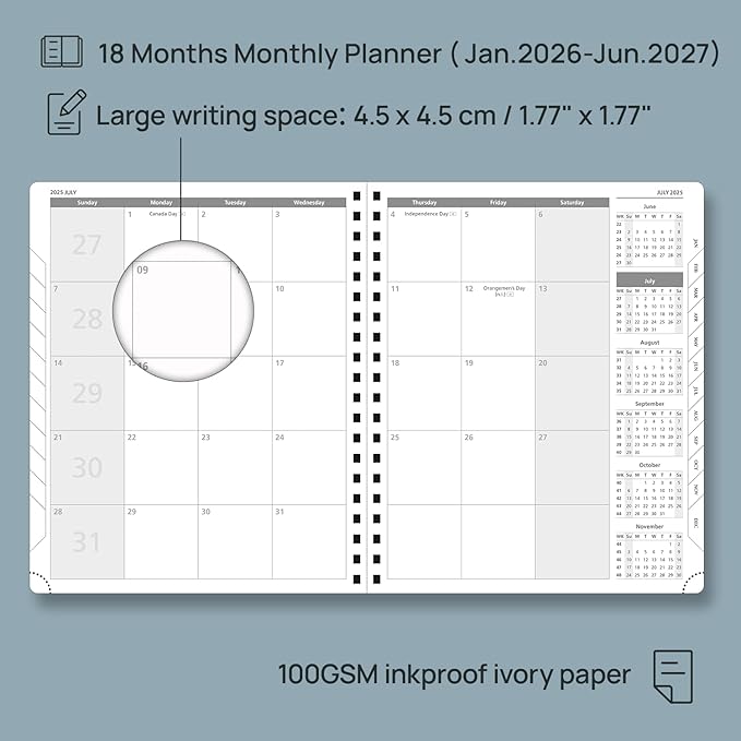 POPRUN Monthly Planner 2026-2027 (Large 8.5" x 10.5") 18 Months Calendar Book(Jan 2026 - Jun 2027) - 4 Pages per Month with Expense & Notes, Stair-like tabs, Leather Cover, Sunday Start - Grey