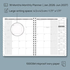 POPRUN Monthly Planner 2026-2027 (Large 8.5" x 10.5") 18 Months Calendar Book(Jan 2026 - Jun 2027) - 4 Pages per Month with Expense & Notes, Stair-like tabs, Leather Cover, Sunday Start - Grey