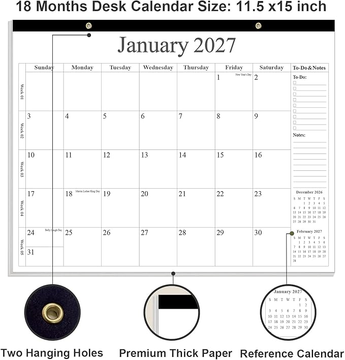 Desk Calendar 2026 - Calendar 2026-2027 from January 2026 to June 2027, 18 Months Calendar with Thick Paper for Office, Home, School Organizing, 14.5" X 11.5", Black