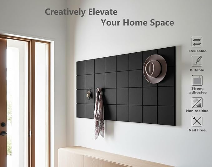 G Gamit Large Felt Wall Tiles Bulletin Board,Large Cork Board Alternative with 30 Pushpins,8-Pack Felt Pin Board with 56 Safe Removable Adhesive Tabs for Home Office School (Black)