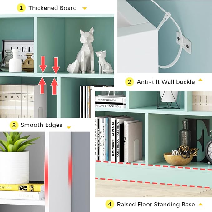 IOTXY Open Shelf Low Bookcase - Wooden 3-Tier Floor Standing Display Cabinet Organizer with Base, 7 Cubes Short Horizontal Bookshelf in Warm White