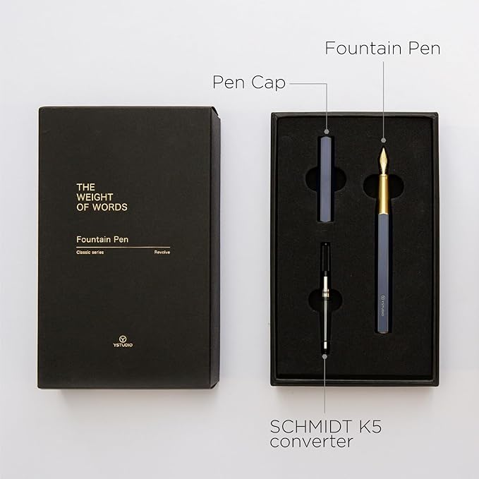 YSTUDIO Stunning Classic Revolve Fountain Pen, Schmidt Gilded Nib, Best Pen Gift Set for Men & Women, Professional, Executive Office, Nice Pens（brass，M nib）