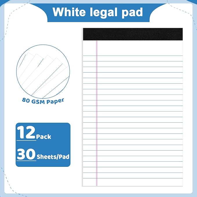 Thboxes 12 Pack Legal Pad 5x8, 360 Sheets Small Note Pad College Ruled Writing Pad Perforated Notepad for School, Office, To-Do Lists Grocery List Shopping List, 30 Sheets White