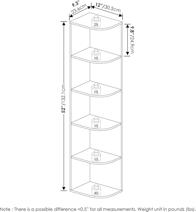 Furinno PASIR Book Shelf, 5-Tier Corner Bookshelf, Open Shelves Bookcase 9.3 x 12 x 51.7, for Living Room, Bedroom, Home Office, French Oak