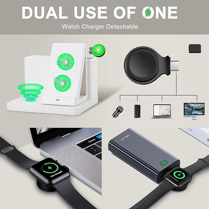 LADSTAG Leather Desk accessories Pen Holder with 3-in-1 Wireless Charger for Phone, Earbuds, Watch Multifunctional Desktop Phone Stand for Office and Home,birthday gifts,gifts for him (white)