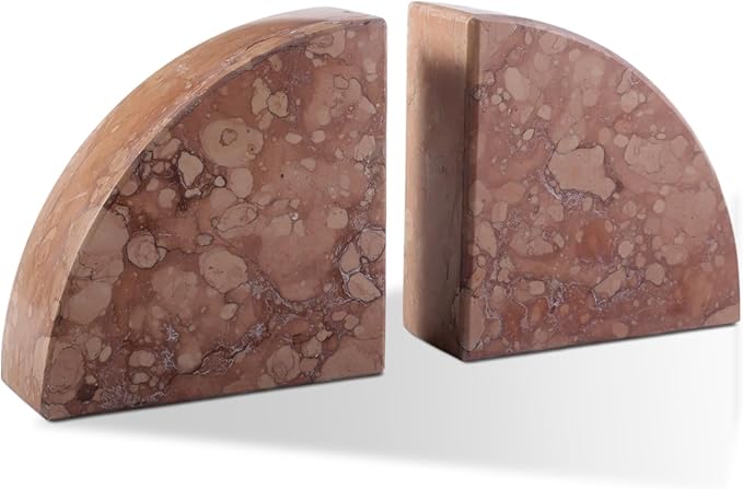 Karibiber Marble Bookend for Shelves, Non-Skid Bookends for Heavy Books, Heavy Duty Book Stopper for CDs, Luxury Book Shelf Holder, Quarter Circle Design Book Ends Decorative, Perlino Rosato, Set of 2