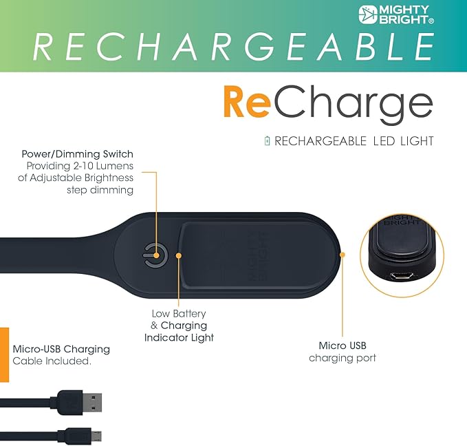 The Original Mighty Bright Recharge Clip On Rechargeable Book Light Reading Light, Warm Eye Care LEDs, Flexible, Durable, Dimmable, Perfect for Kids, Bookworms, Reading in Bed, Lasts 60 Hours (Black)