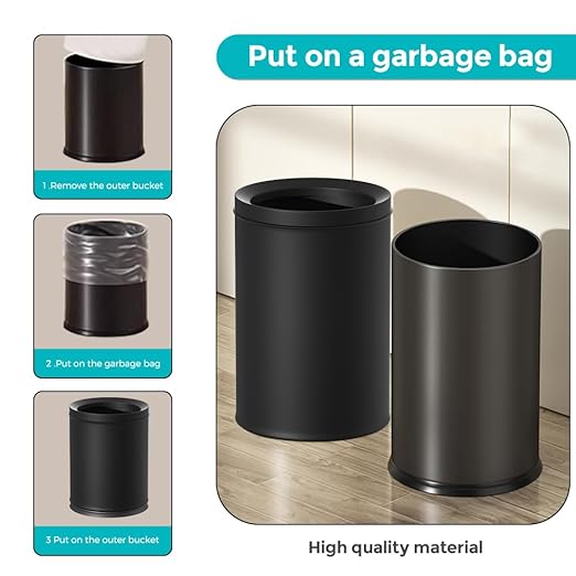 YOJIA 3.17 Gallon/12L Elegant Garbage Can,Double Layers Metal Trash Cans,Light Luxury Black Waste Basket, for Bathroom,Bedroom,Kitchen,Hotel,Office,Bank,Home,Cafe (Black 12L)