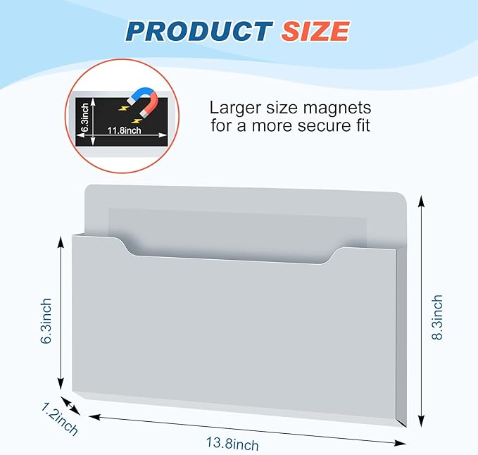 Feifeiya Magnetic Pocket File Holder Large File Folder Organizer Paper Mail Letters Holder Wall Hanging Office Supplies for Refrigerator Whiteboard Cabinets(13.8 x 8.3 Inch,Horizontal,Gray)