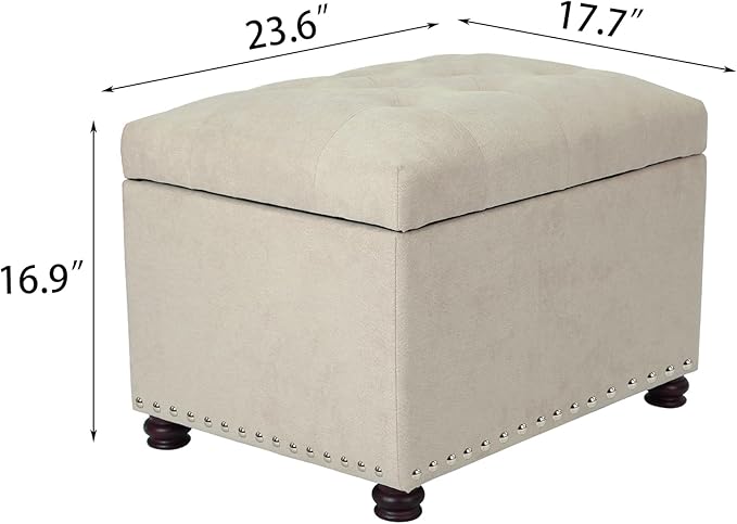 Decent Home 24" Storage Ottoman, Fabric Ottoman Foot Rest Stool with Hinged Lid, Tufted Rectangle Upholstered Footstool, Load Up to 350 lb, for Living Room, Bedroom, Dorm, Beige