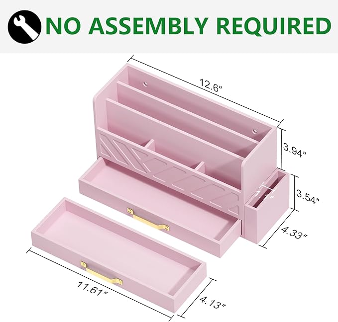 WISUCART Bamboo Desk Organizer Mail Holder Countertop Wood Desk Drawer Tabletop Storage Box Pen Holder Letter Sorter Makeup Organizer for School Home Office Supplies with Pen Holder Pink