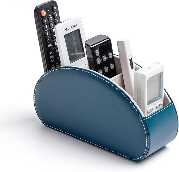 Remote Control Holders Organizer Box with 5 Compartment PU Leather Multi-functional Office Desk Storage Caddy Store Tv Remote for Media Player,Brush,Pencil,Glassees&Office Supplies (Peacock Blue)