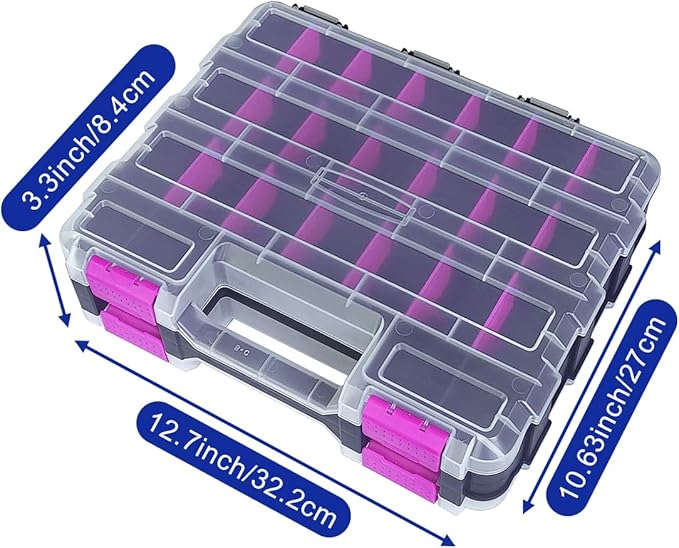 Tools Organizer Box Small Parts Storage Box 50-Compartment Double Side Hardware Organizers with Removable Plastic Dividers for Screws, Nuts, Nails, Bolts, Purple