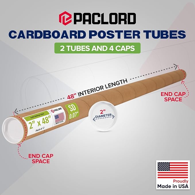 Paclord 2" x 48" Reinforced Kraft Paper Mailing Tube, Pack of 2 Tubes with 4 Caps – Secure USPS Approved Poster Tube – Cardboard Tube for Shipping and Storing Posters, Prints, Artwork, or Documents