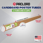 Paclord 2" x 48" Reinforced Kraft Paper Mailing Tube, Pack of 2 Tubes with 4 Caps – Secure USPS Approved Poster Tube – Cardboard Tube for Shipping and Storing Posters, Prints, Artwork, or Documents