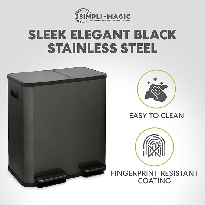 70 Liter / 18.5 Gallon Rectangular Hands-Free Dual Compartment Recycling Kitchen Step Trash Can with Soft-Close Single Lid, Stainless Steel (40L x 30L Capacity) Elegant Black Finish