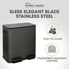 70 Liter / 18.5 Gallon Rectangular Hands-Free Dual Compartment Recycling Kitchen Step Trash Can with Soft-Close Single Lid, Stainless Steel (40L x 30L Capacity) Elegant Black Finish