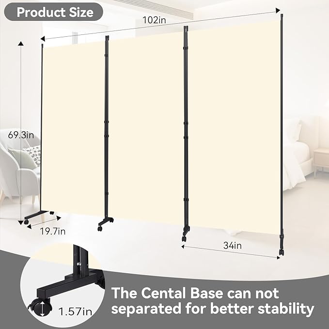 Room Divider (3 Panel) Wall Divider for Room Separation, 102 inch Wide Portable Privacy Screens W/Wheels, Metal Frame Freestanding Room Separators 5.6FT Room Partitions and Dividers