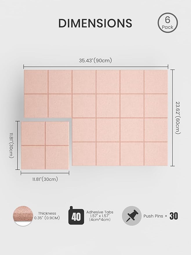 Bumusty Large Cork Board Alternative-36 x24 Felt Bulletin Board Tiles, with 30 Pushpins, 40 Adhesive Tabs, 6-Pack Slat Wall Paneling, Cork Boards for Office Push Pin Board Felt Board-Pink