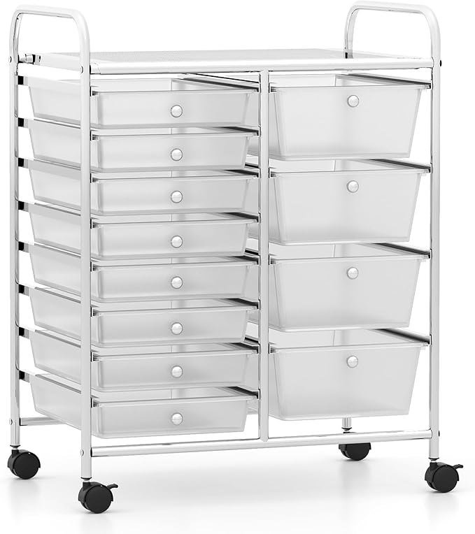 LDAILY 12 Drawer Rolling Storage Cart, Rolling Cart with Drawers for Classroom, Art Supply Craft Organizer on Wheel with Metal Frame & Handles for Home Office School (Clear, 12 Drawer Left-Right)