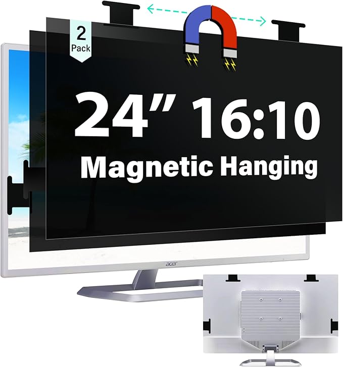 [2 Pack] Magnetic Hanging 24 Inch Computer Privacy Screen for 16:10 Aspect Ratio Widescreen Monitor, Eye Protection Anti Glare Blue Light Computer Monitor Privacy Filter, Removable 24in Protector Film